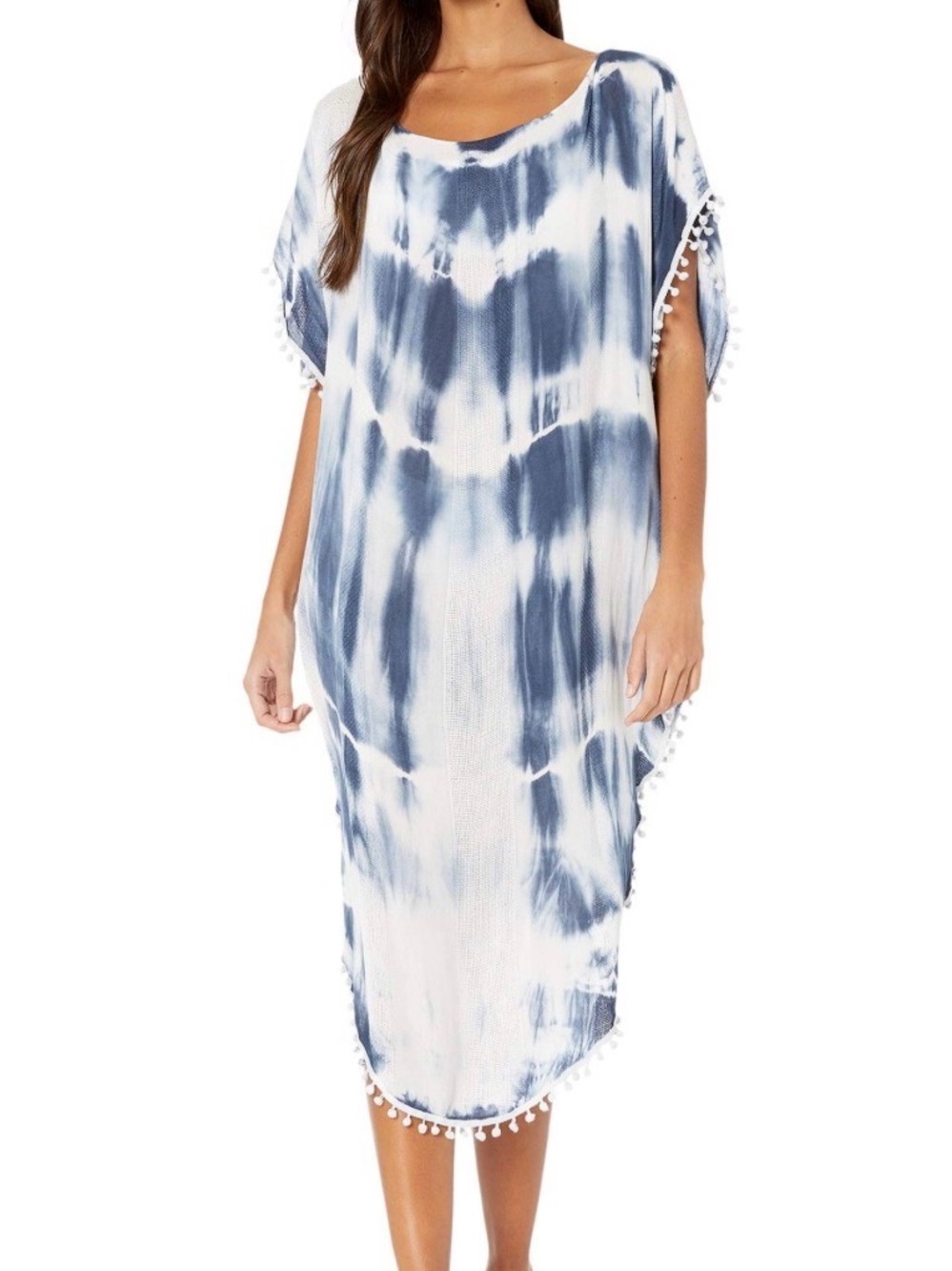 MICHAEL STARS BLUE WHITE TIE DYE SWIM BEACH POOL COVER UP POM POMS ONE SIZE